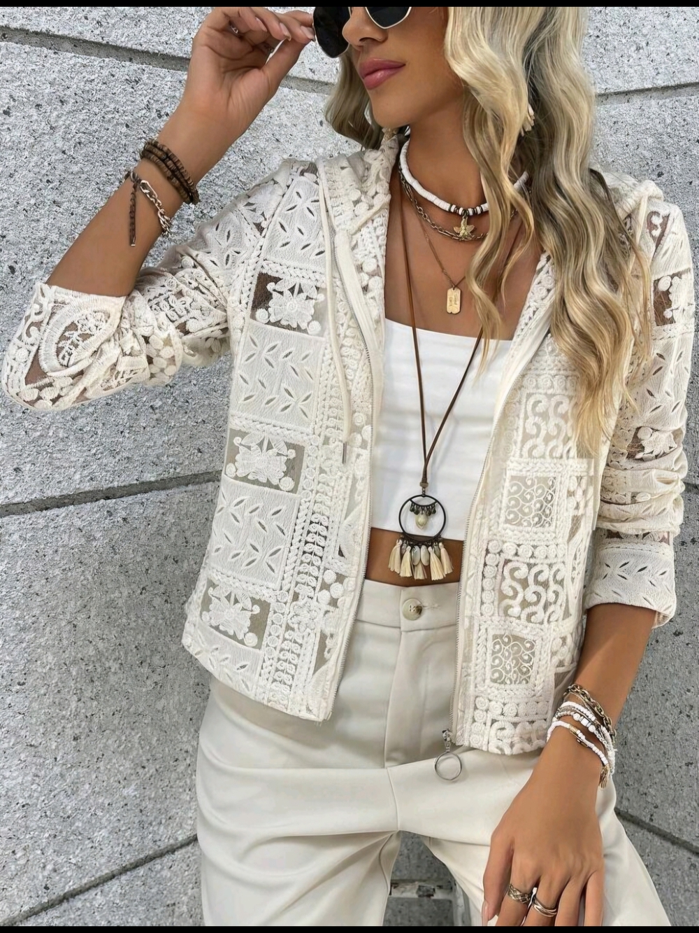 Boho Crochet Lace Zip Hoodie Jacket - Cream